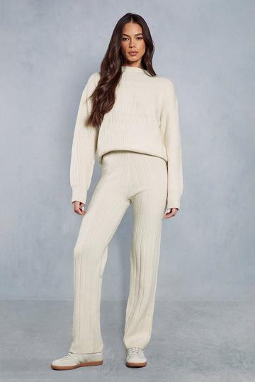 Stone Beige Knitted Oversized Jumper & Ribbed Trouser Co-ord