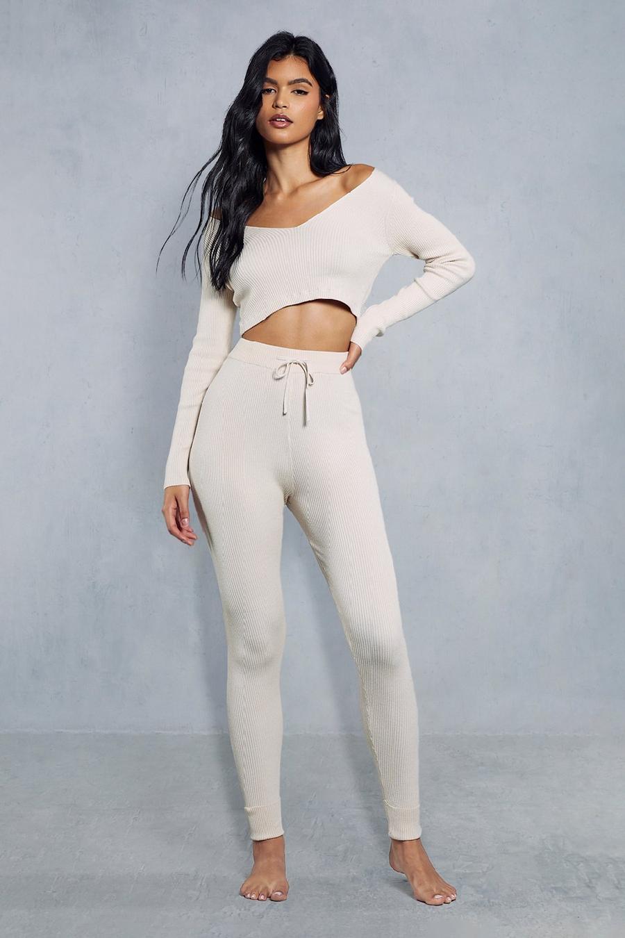 Stone Knitted Ribbed Off The Shoulder Legging Co-ord 