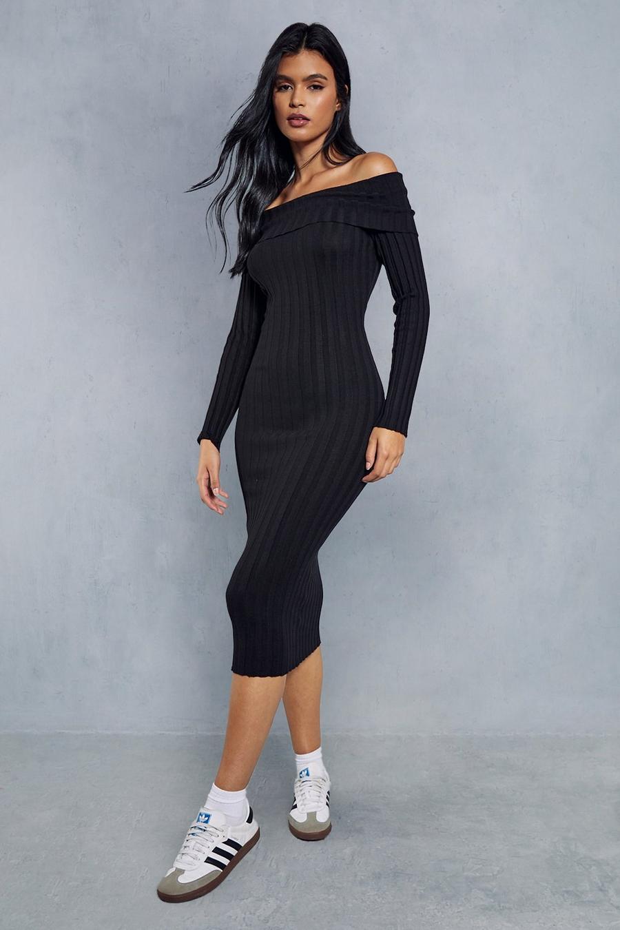 Black Knitted Wide Ribbed Folded Bardot Midaxi Dress image number 1