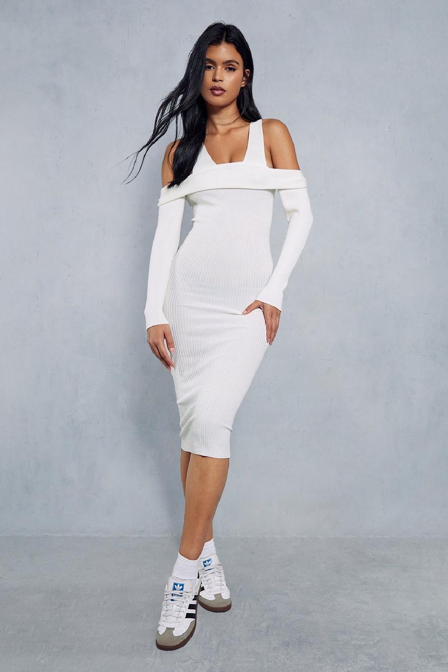 White Knitted Ribbed Plunge Bardot Midaxi Dress image number 1