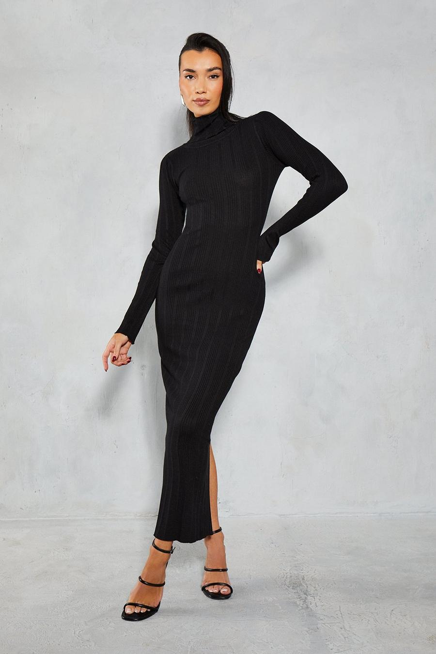 Black Knitted Ribbed High Neck Maxi Dress image number 1