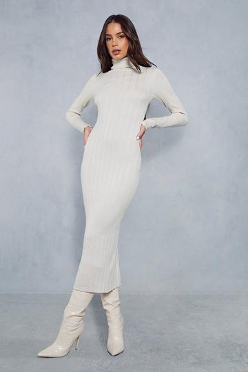Knitted Ribbed High Neck Maxi Dress stone