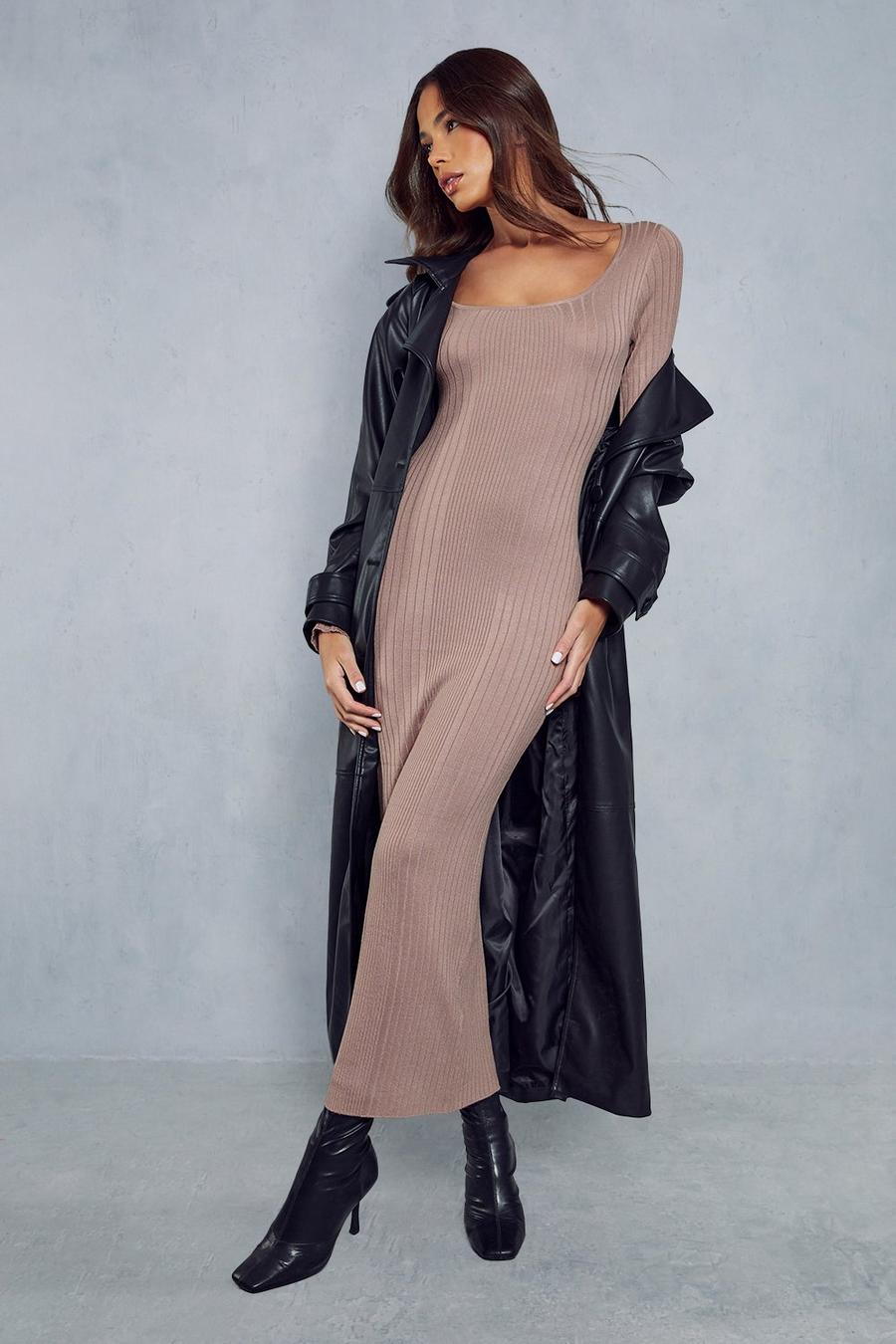 Mocha Knitted Ribbed Detail Scoop Neck Maxi Dress 