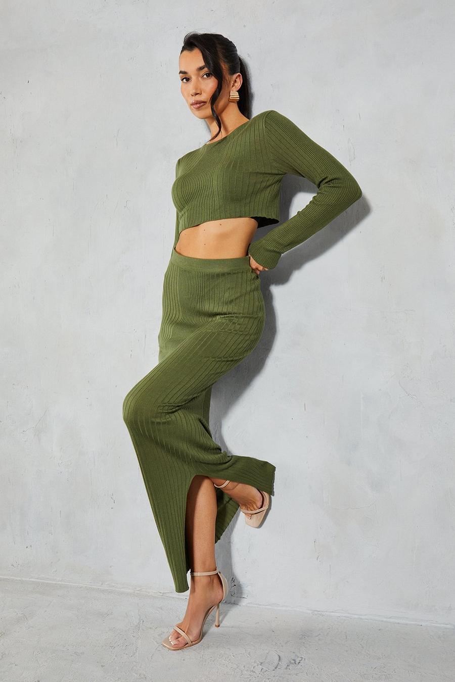 Khaki Knitted Ribbed Top & Maxi Skirt Co-ord  image number 1