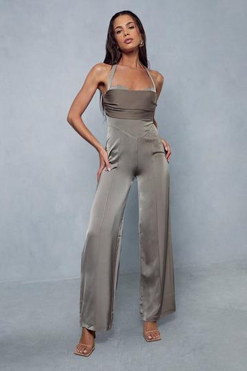 Satin Draped Bust Halterneck Straight Leg Jumpsuit bronze