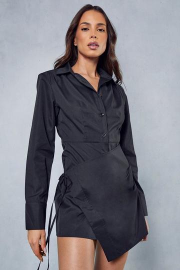 Black Poplin Wrap Skirt Shoulder Pad Long Sleeve Mini Shirt Dress