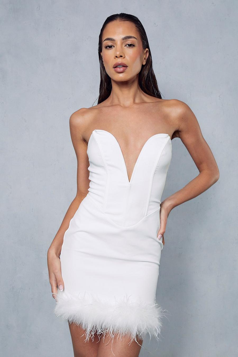 White Sweetheart Plunge Corseted Feather Hem Bodycon Mini Dress image number 1