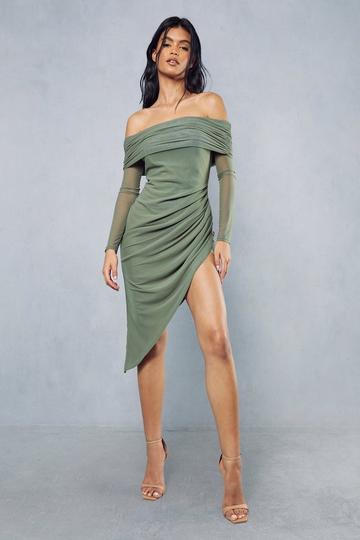 Premium Mesh Ruched Bardot Sculpting Midi Dress olive