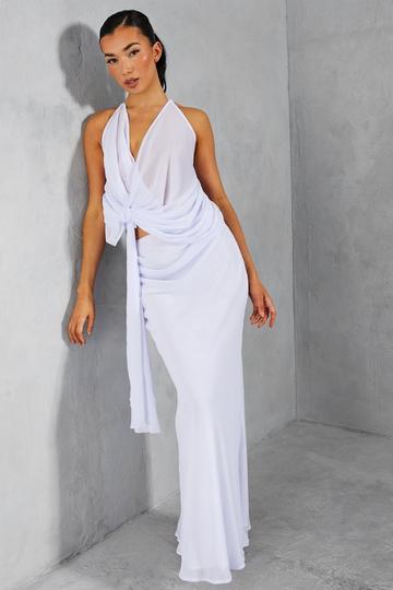 Chiffon Halterneck Draped Twist Top & Maxi Skirt Co-ord white