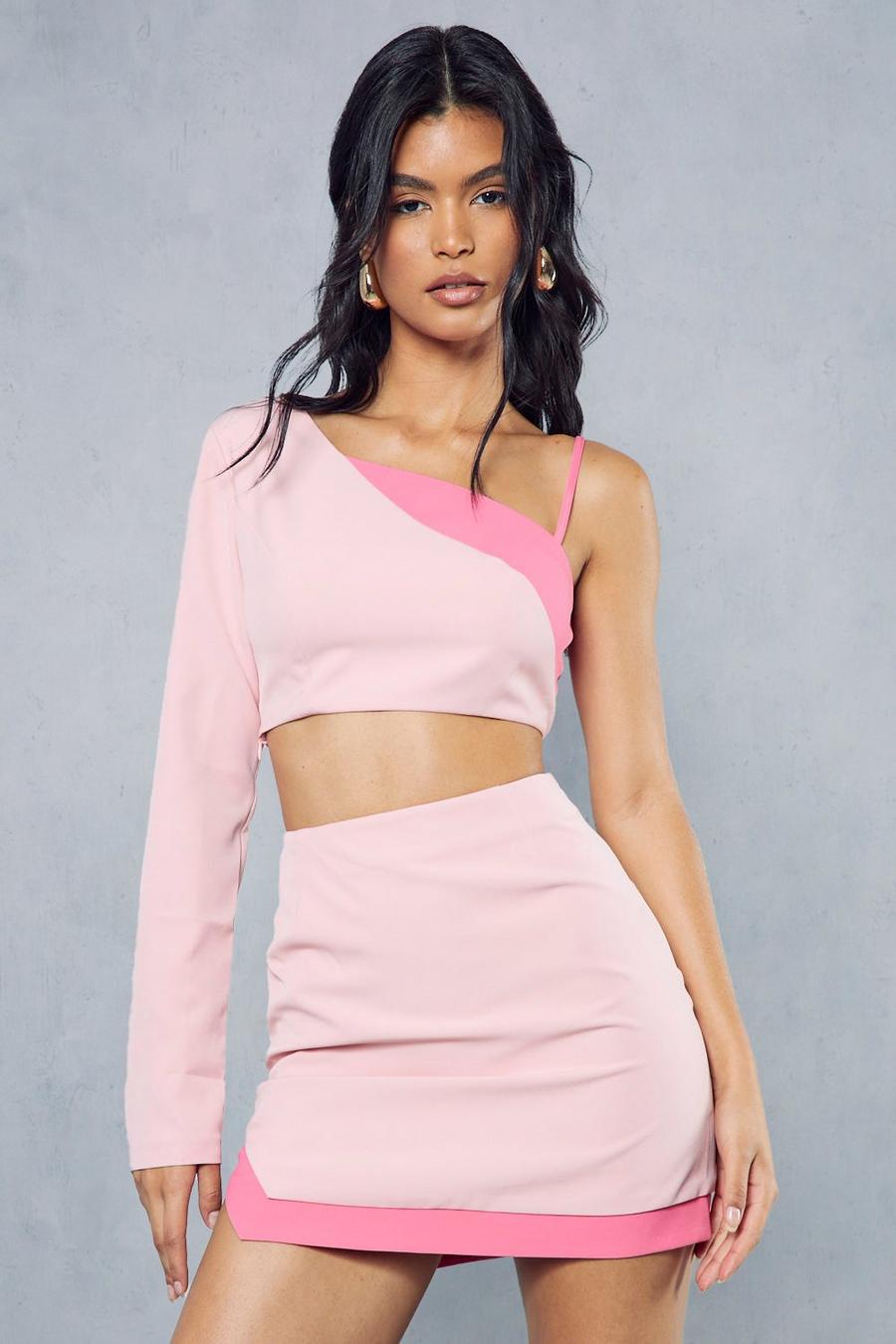 Pink Colour Block One Shoulder Micro Mini Co-ord  image number 1