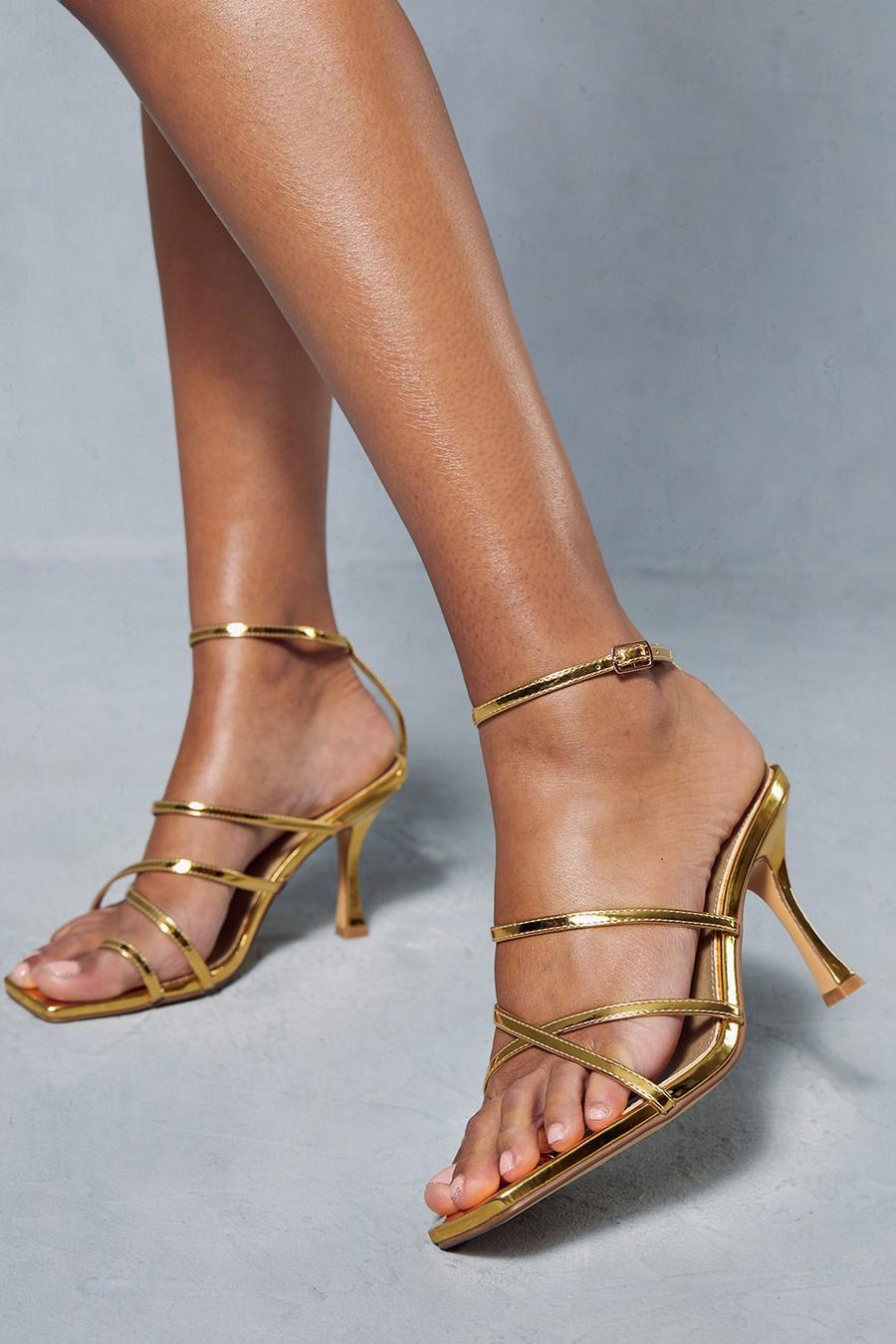 Gold Metallic Strappy Square Toe Heels image number 1