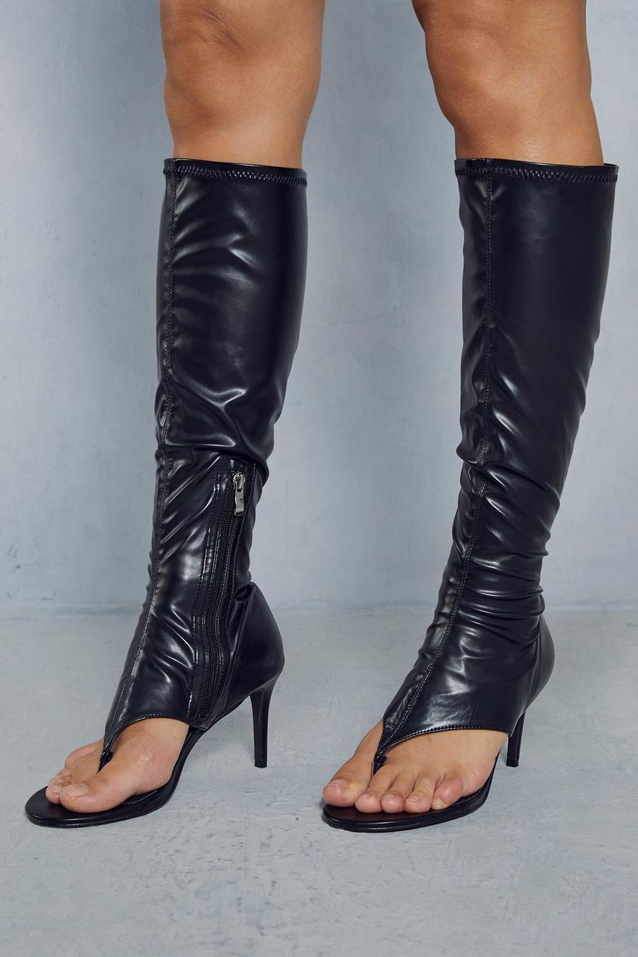 Black Leather Look Thong High Heel Boots image number 1