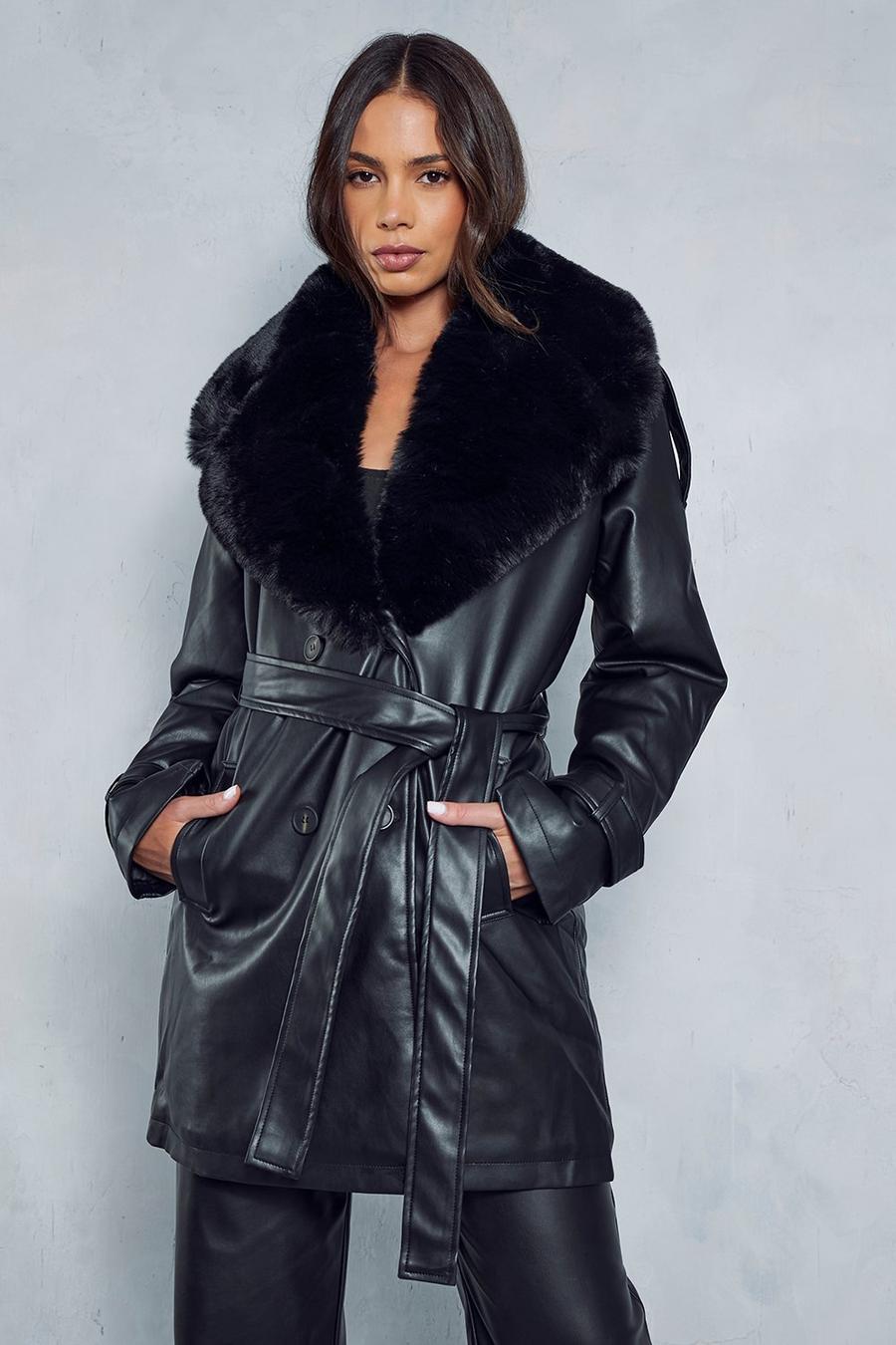 Black Leather Look Fur Collar Detail Trench Coat  image number 1