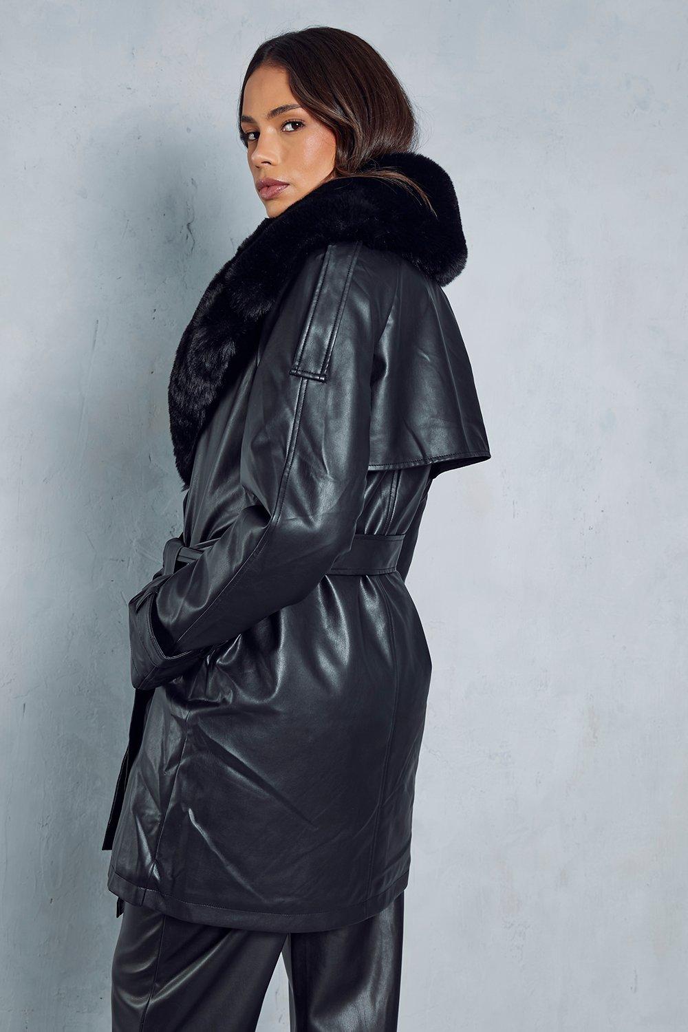 Black wet cheap look coat boohoo