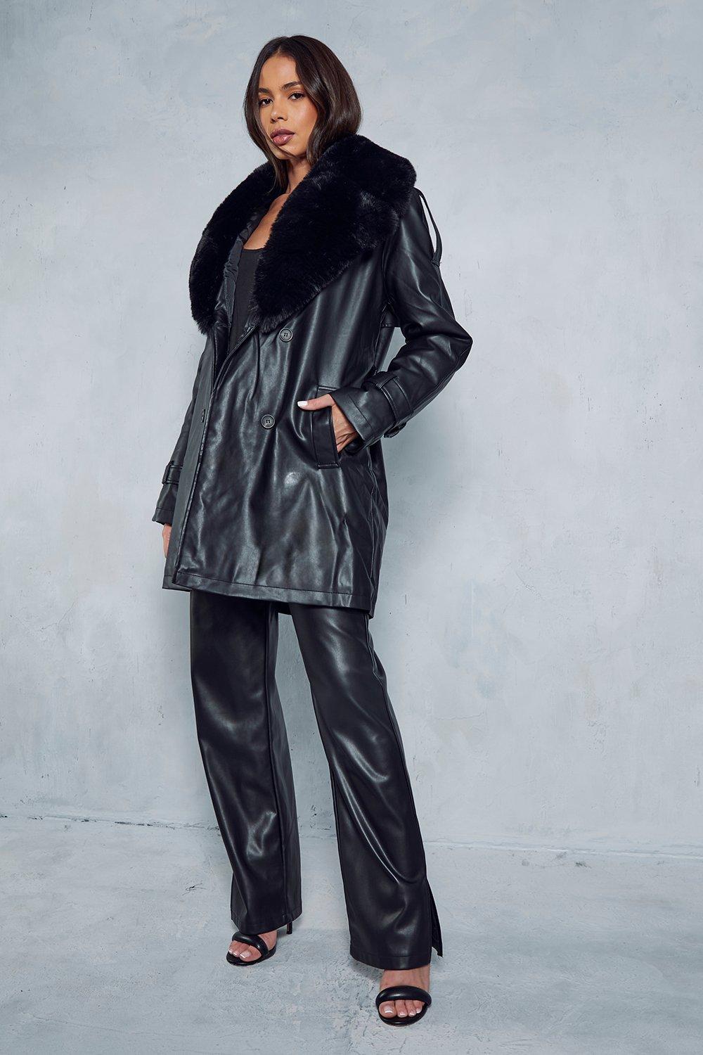 Black wet look store coat boohoo