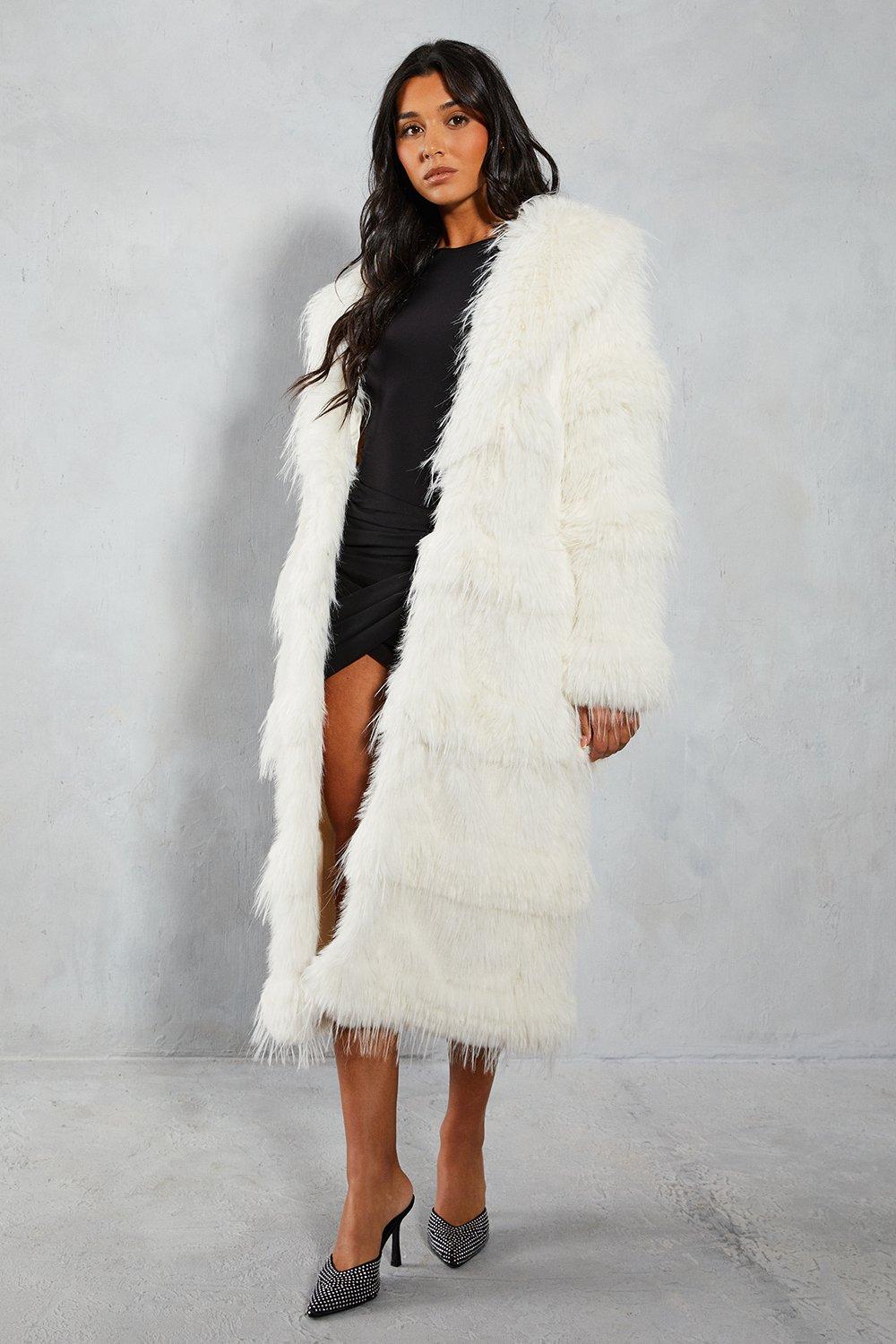 Excelled faux fur shop maxi coat with hood