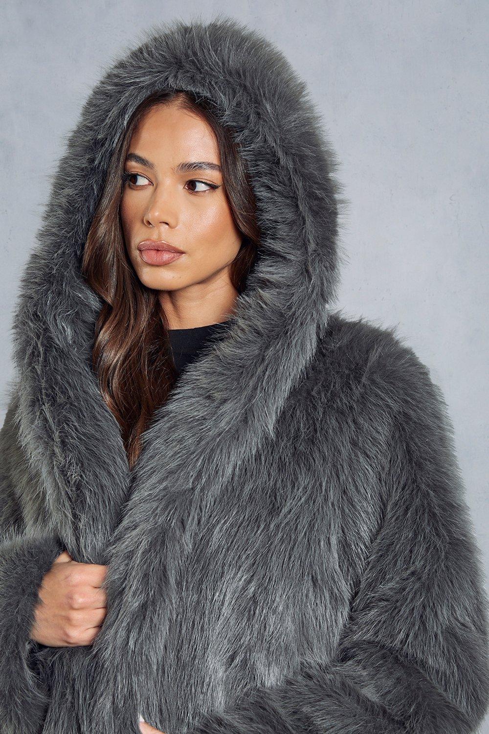 Grey faux fur coats uk sale