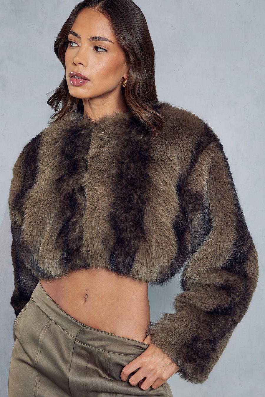 Brown Premium Collarless Cropped Faux Fur Coat image number 1