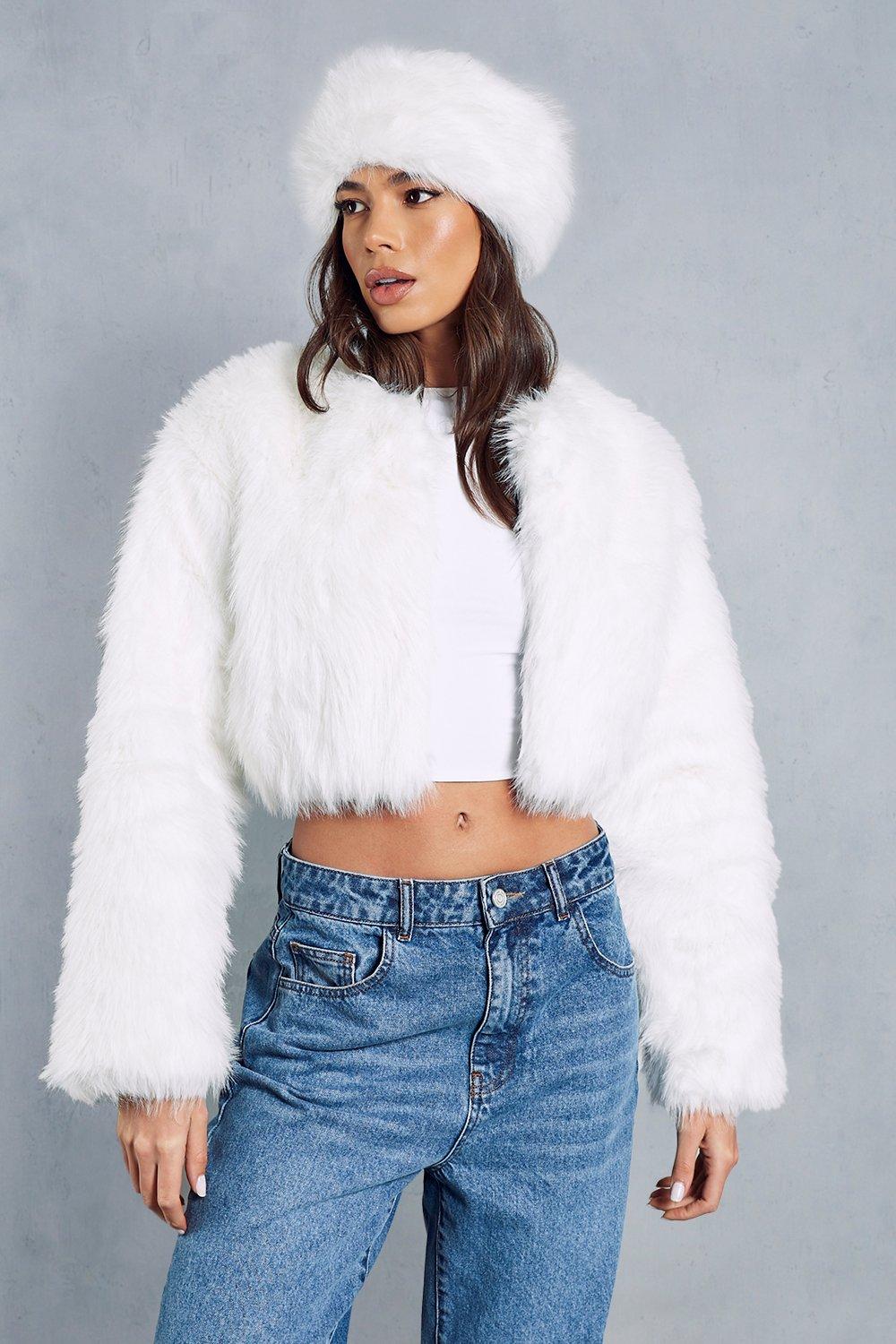 Premium Collarless Cropped Faux Fur Coat
