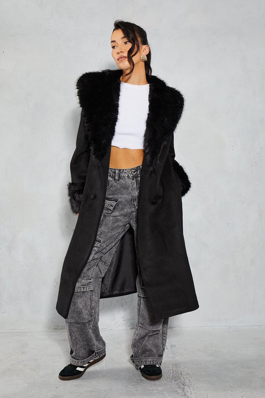 Black Premium Faux Fur Collar Trim Wool Look Coat image number 1
