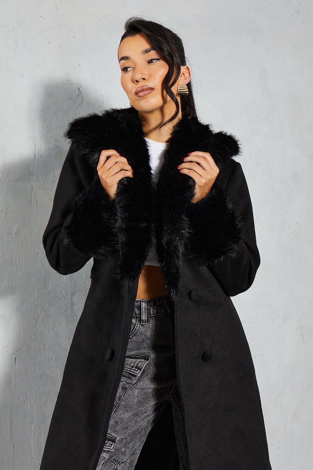 Faux fur trim wool coat sale