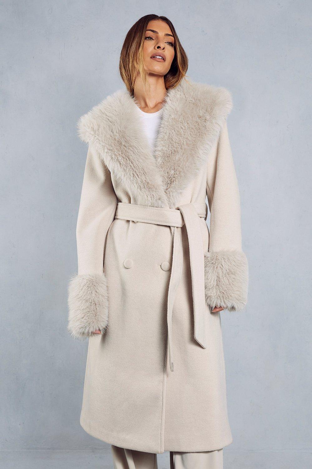 Fur trimmed 2024 wool coat