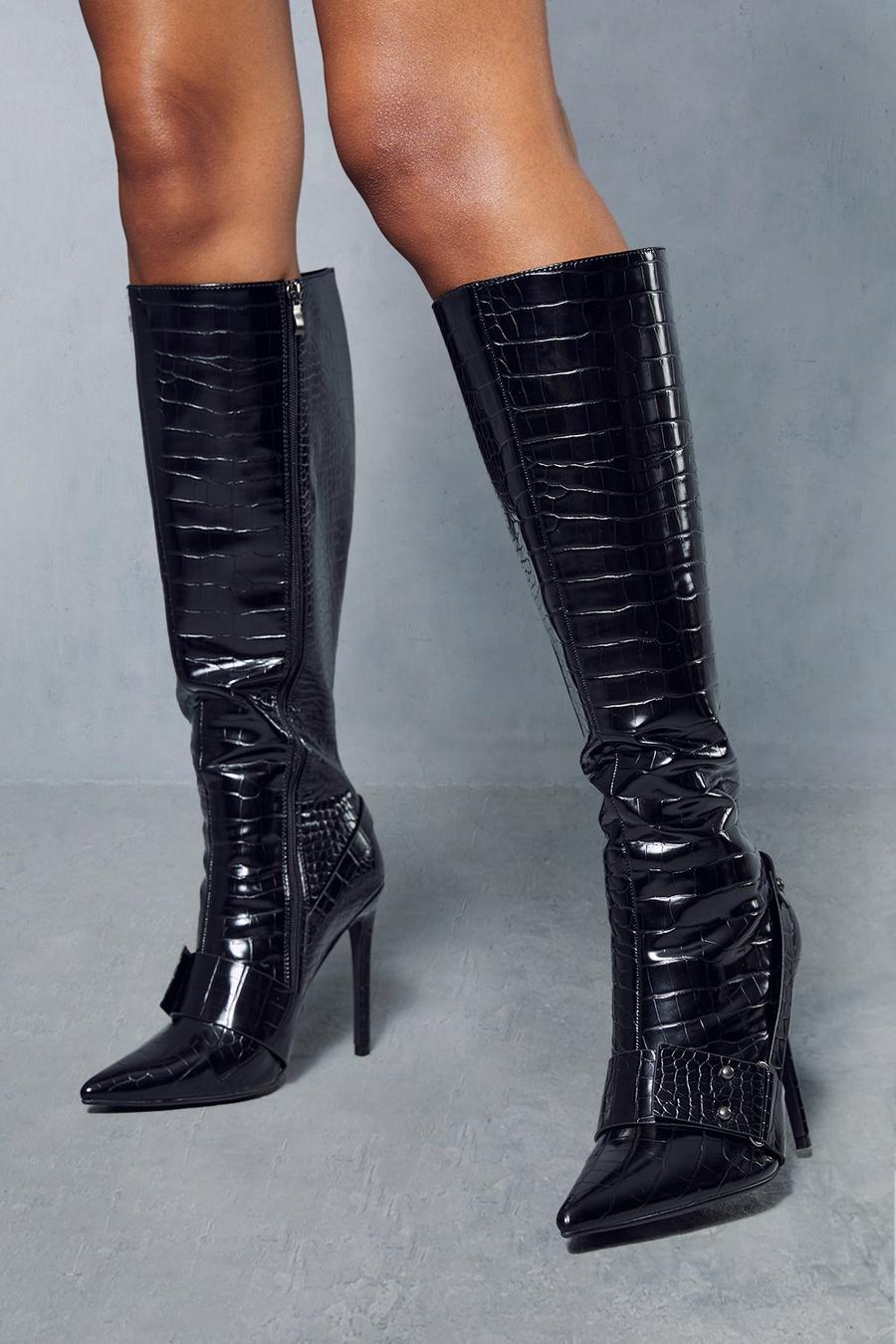 Black Leather Look Croc Heeled Boots