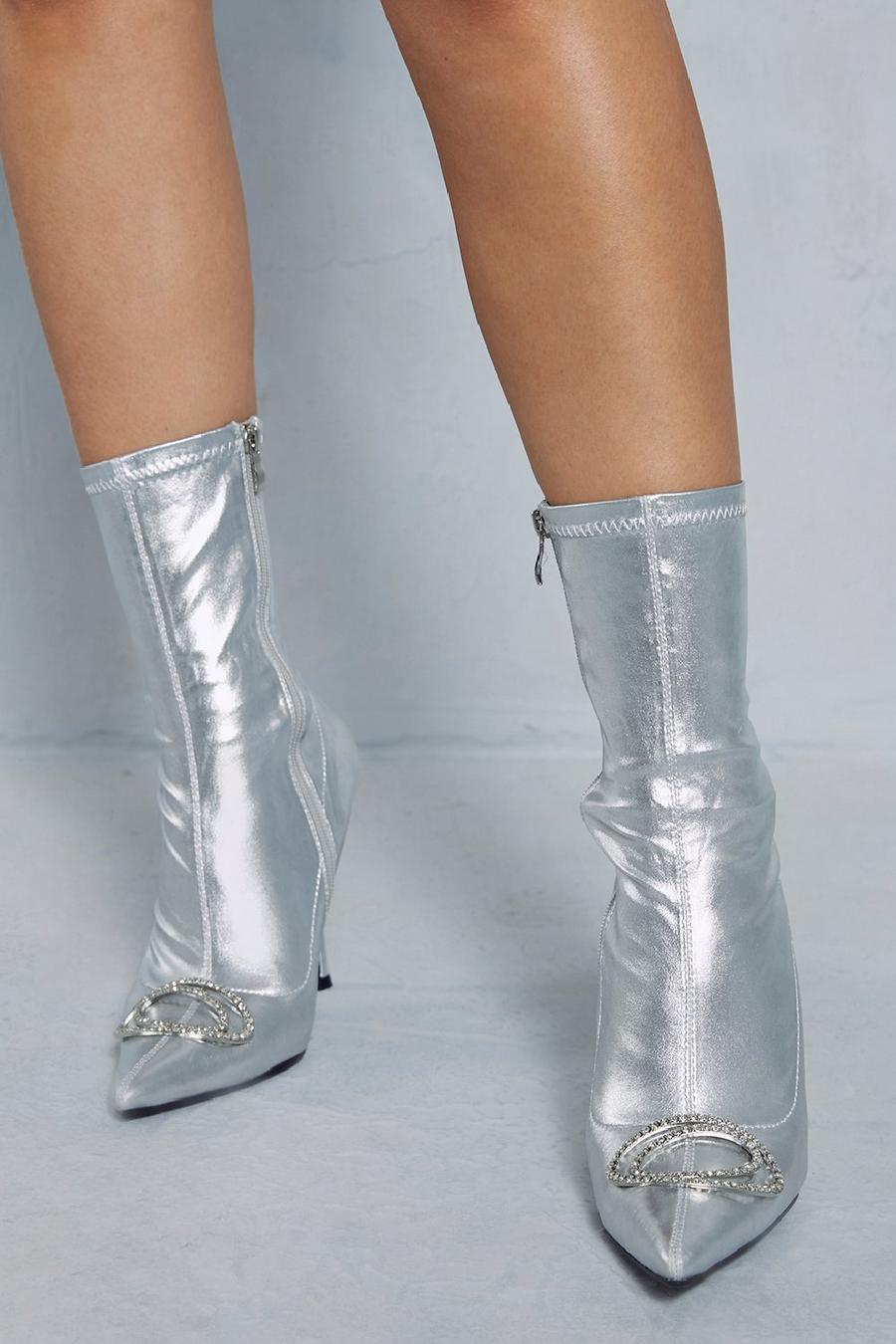 Silver Diamante Buckle Ankle Boots image number 1