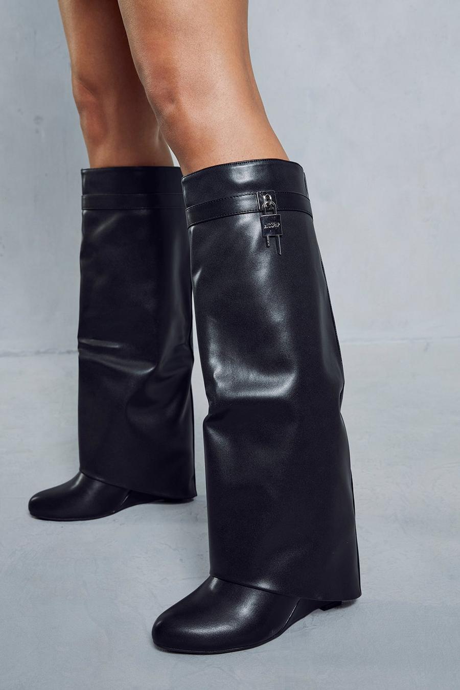 Black Leather Look Fold Over Padlock Boots image number 1