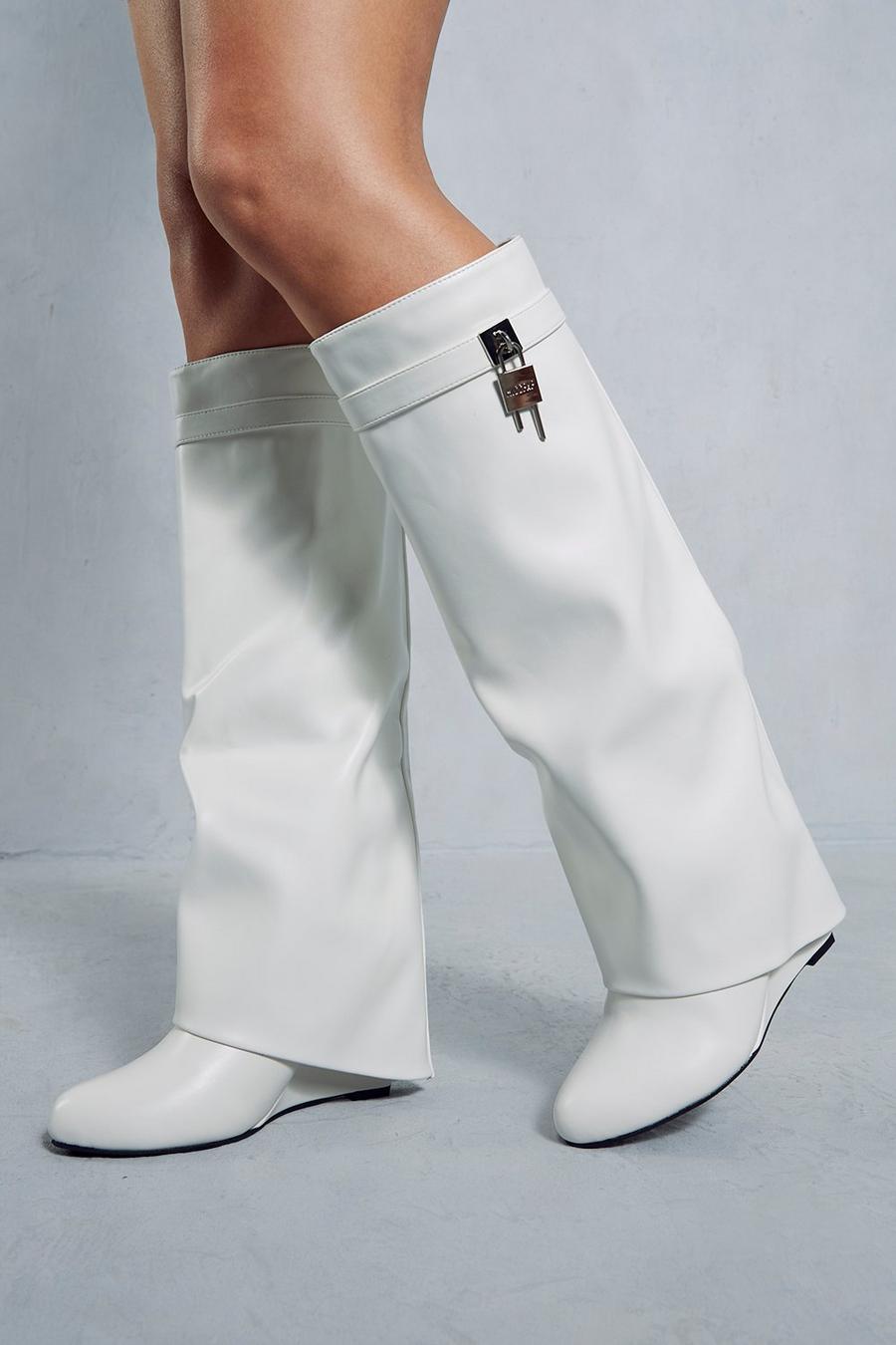 White Leather Look Fold Over Padlock Boots image number 1