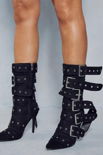 Buckle Detail Faux Suede Boots black