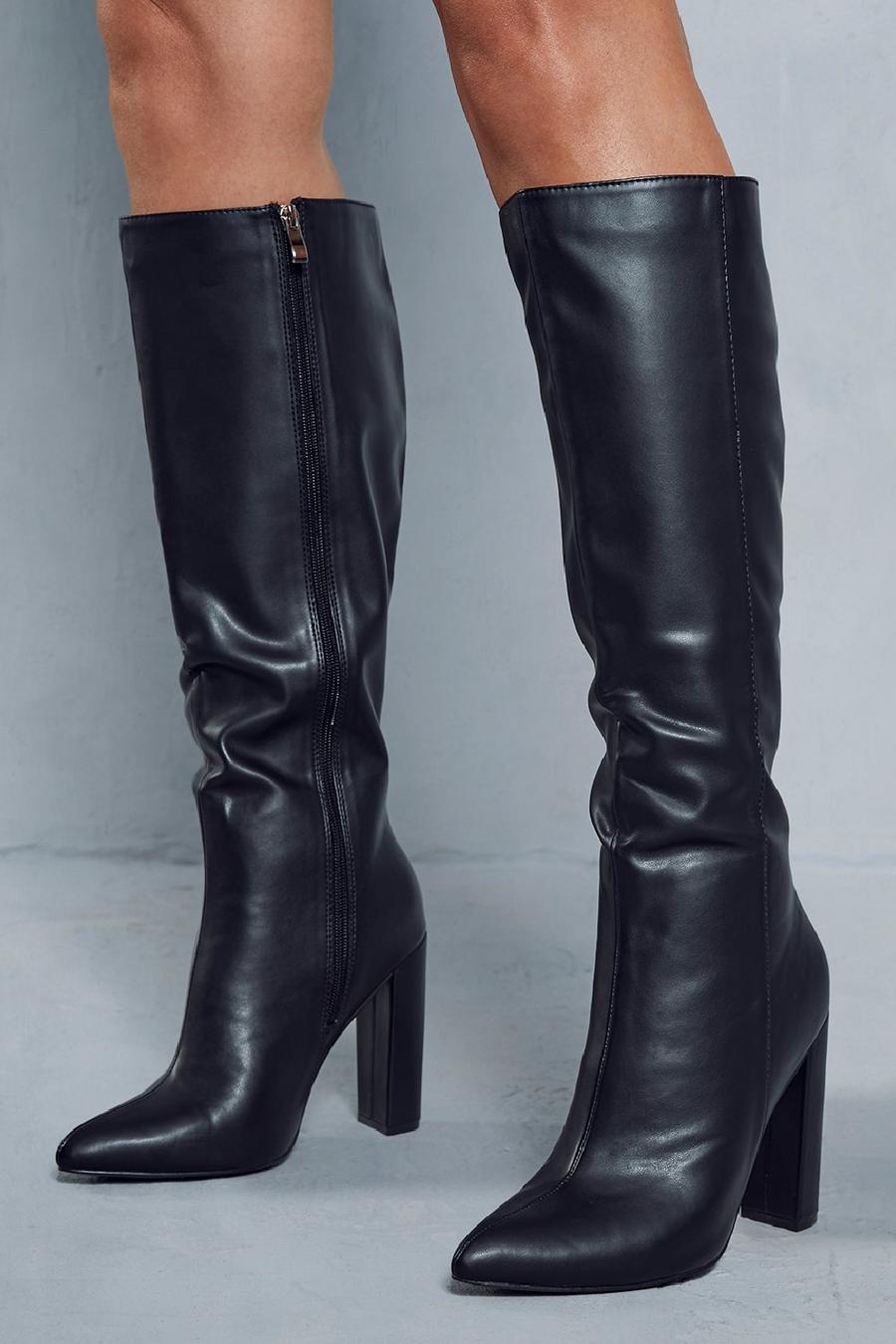 Black Leather Look Block Heel Knee High Boots image number 1