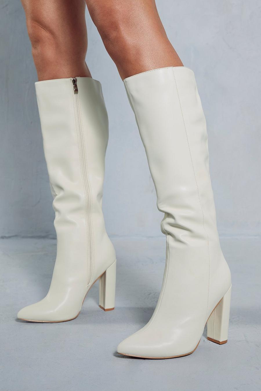 Cream Leather Look Block Heel Knee High Boots