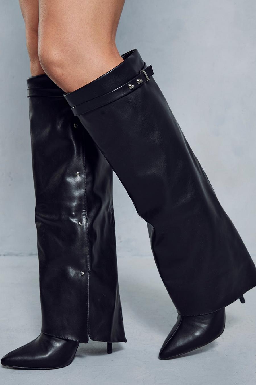 Black Leather Look Fold Over Pointed Boots image number 1