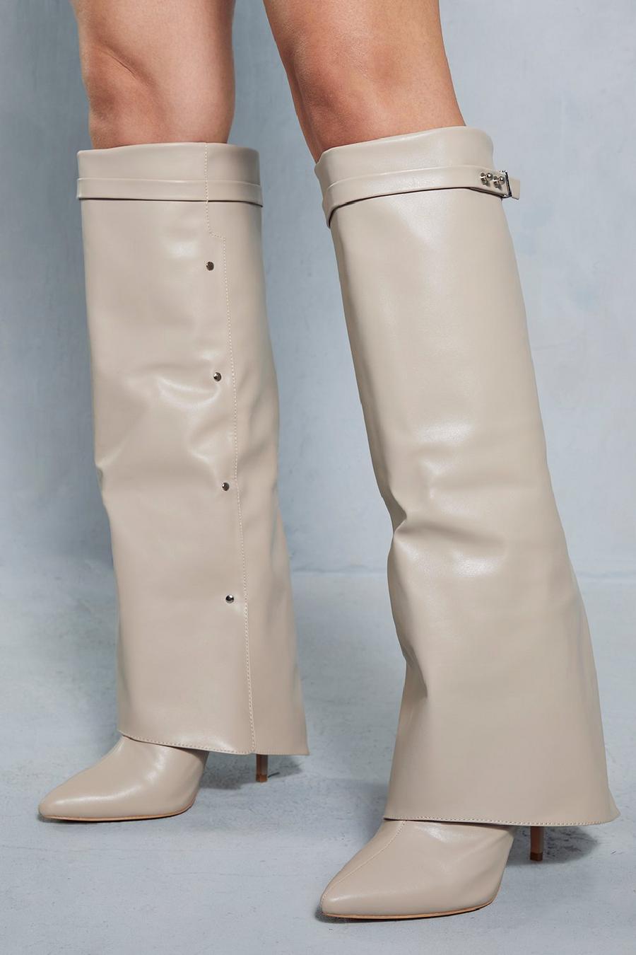 Nude Leather Look Fold Over Pointed Boots