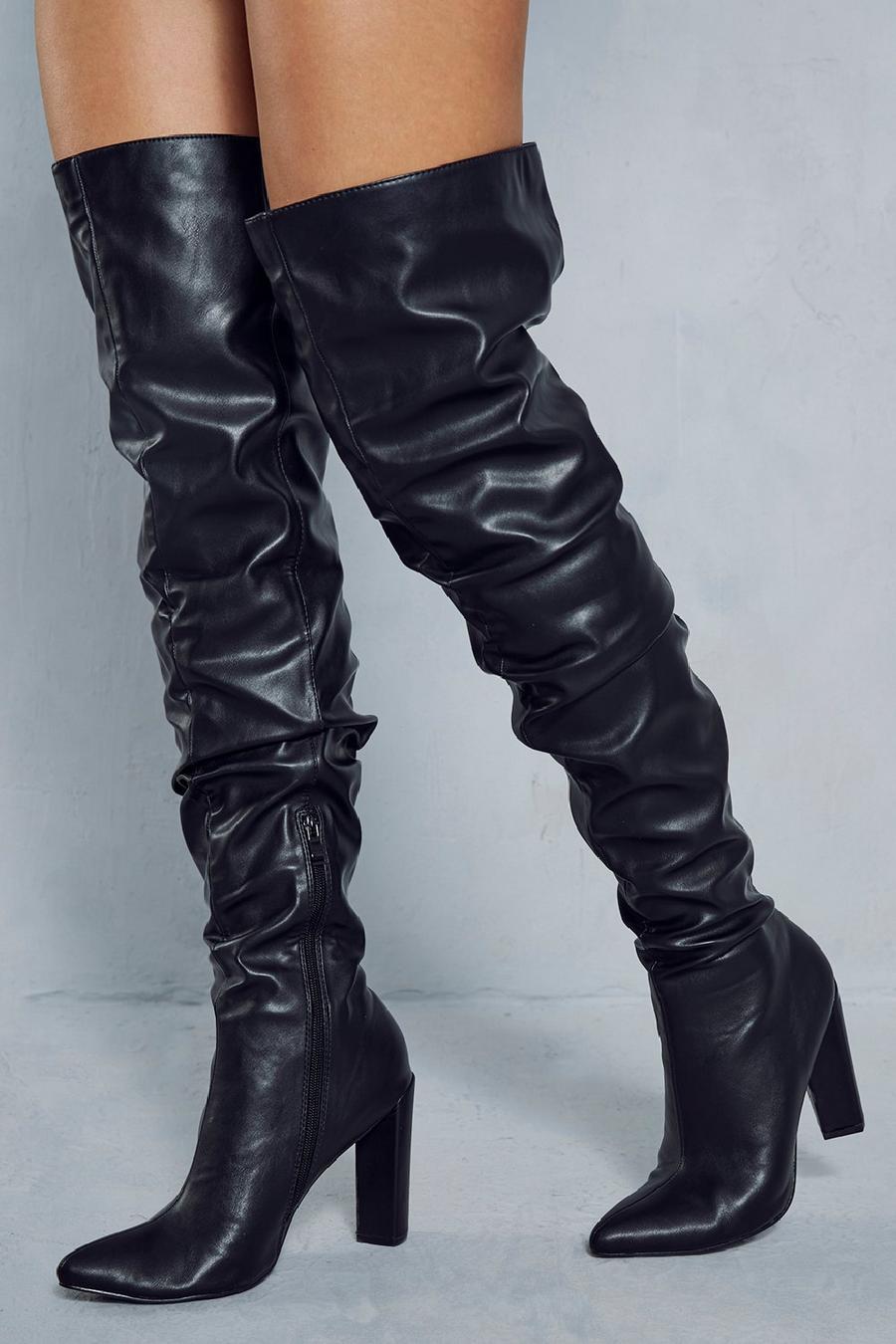 Black Leather Look Ruched Over The Knee Boots