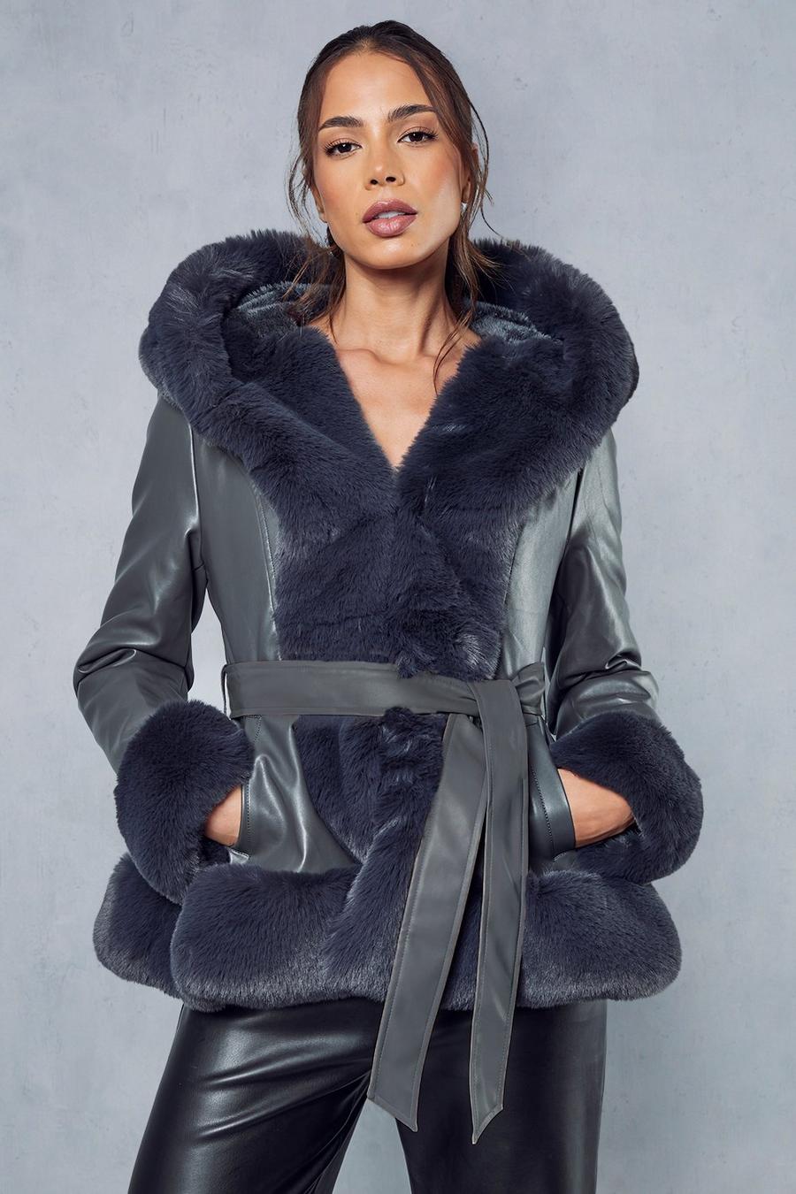 Grey Faux Fur Leather Look Belted Coat image number 1