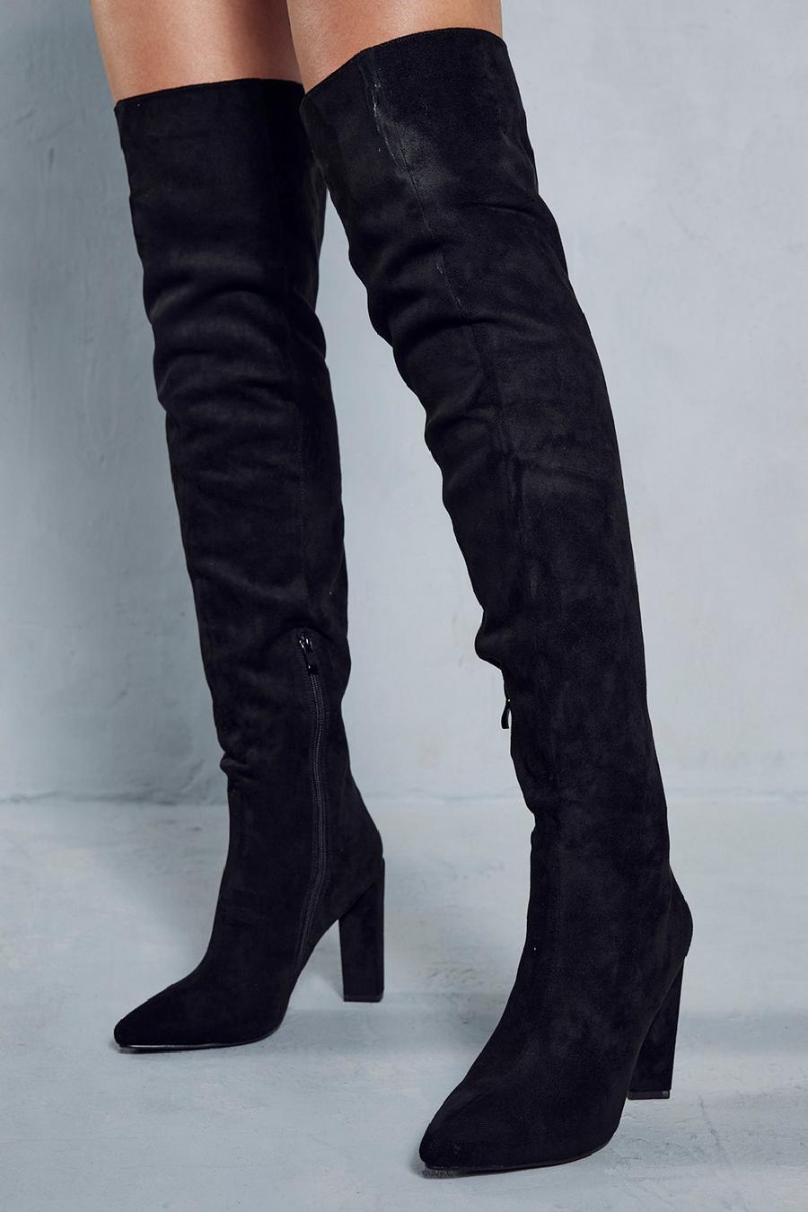 Black Faux Suede Over The Knee Boots image number 1