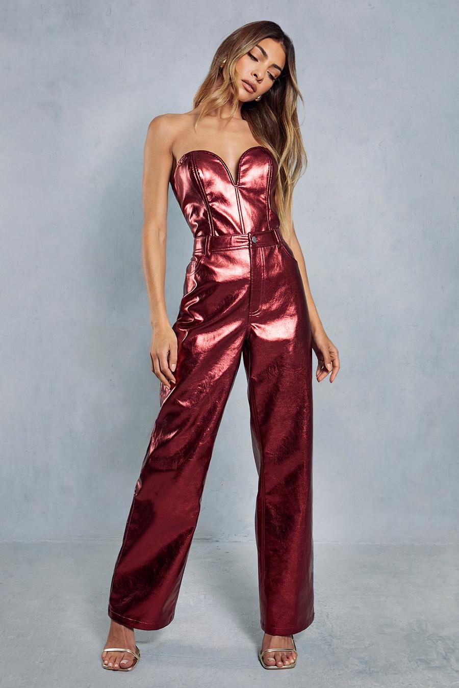 Red Metallic Straight Leg Trousers image number 1