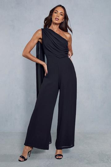 Chiffon Extreme Drape One Shoulder Wide Leg Jumpsuit black