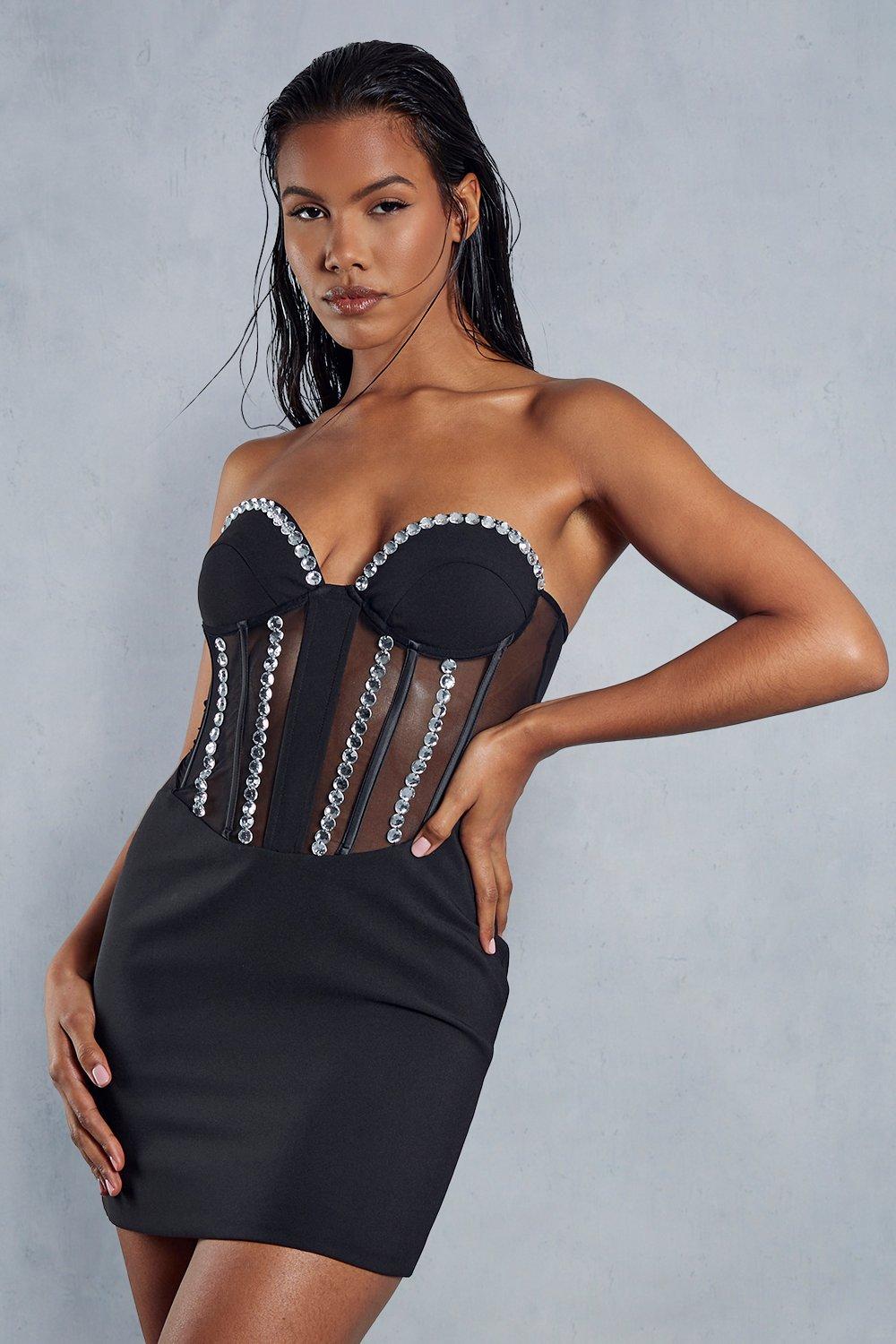 Womens Diamante Trim Sheer Mesh Insert Bandeau Bodycon Mini Dress - Black - 6, Black