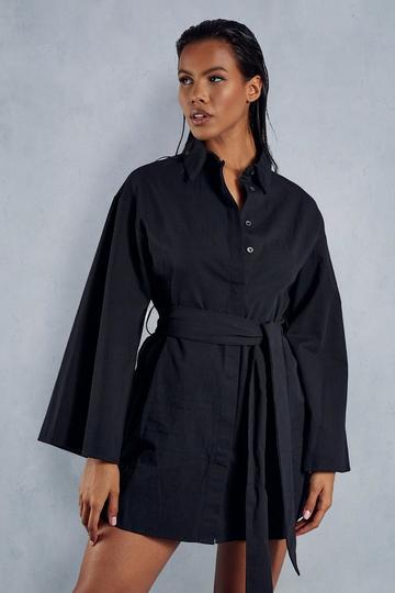Black Poplin Extreme Kimono Sleeve Belted Shirt Dress