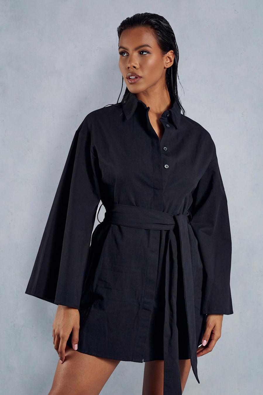 Black Poplin Extreme Kimono Sleeve Belted Shirt Dress image number 1