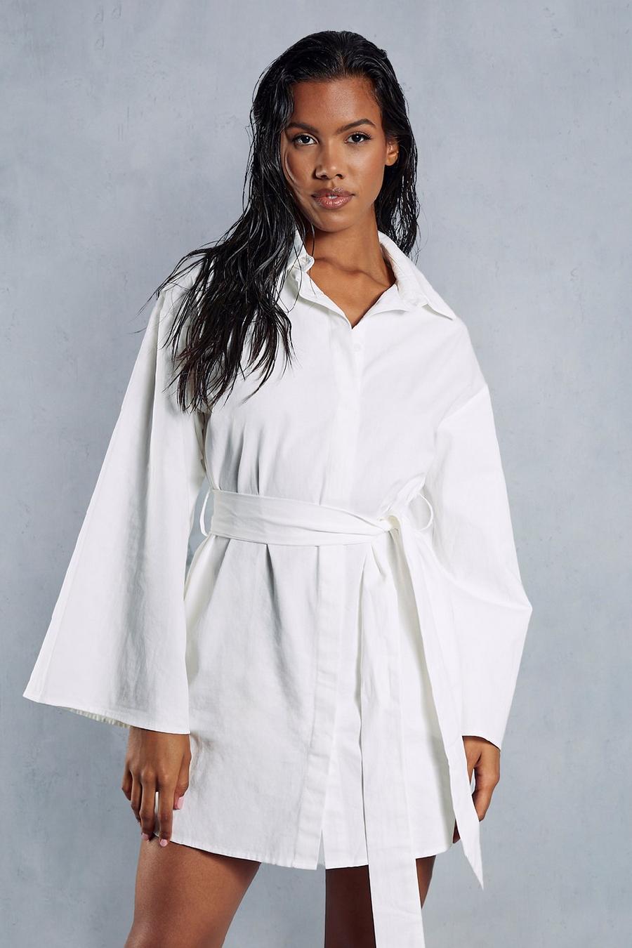 White Poplin Extreme Kimono Sleeve Belted Shirt Dress image number 1