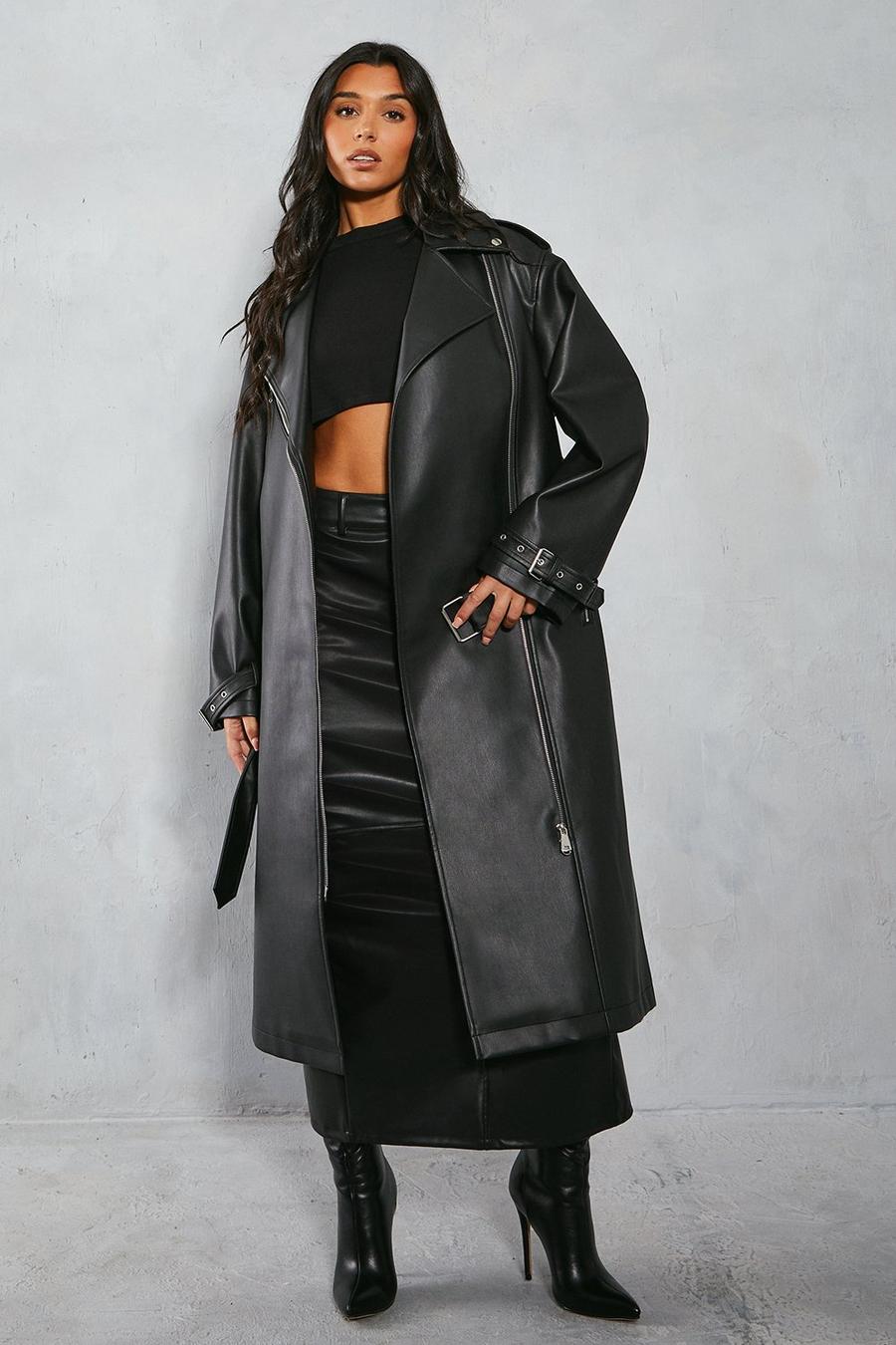 Black Premium Oversized Leather Look Long Line Biker Jacket image number 1
