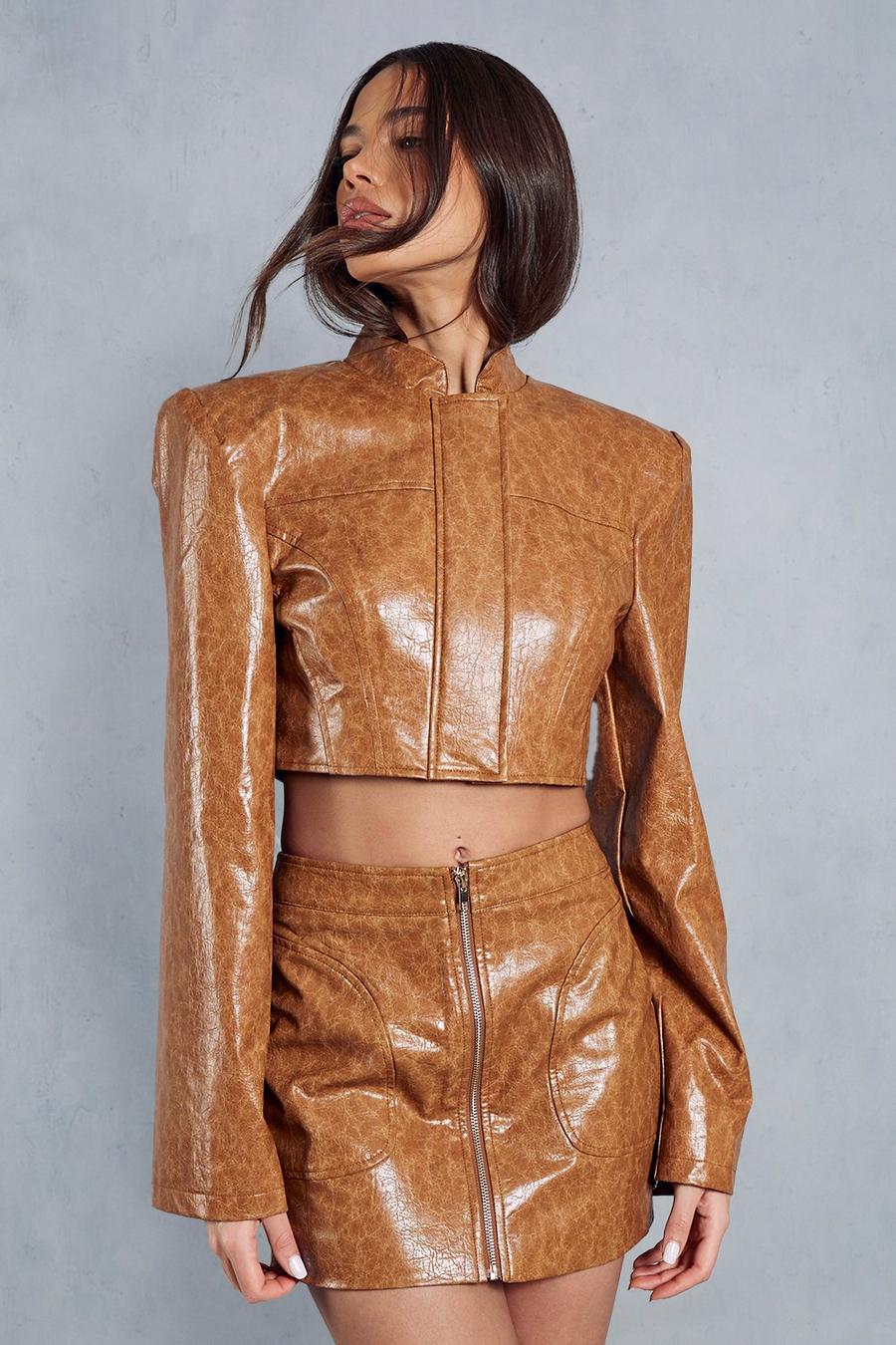 Tan Crackle Leather Look Structured Cropped Jacket