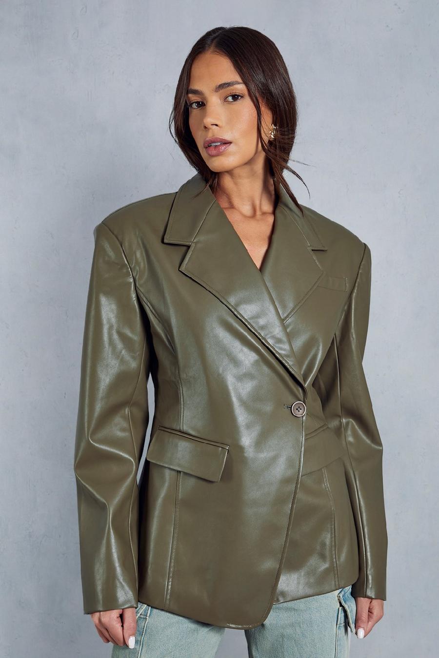 Olive Leather Look Asymmetric Blazer image number 1