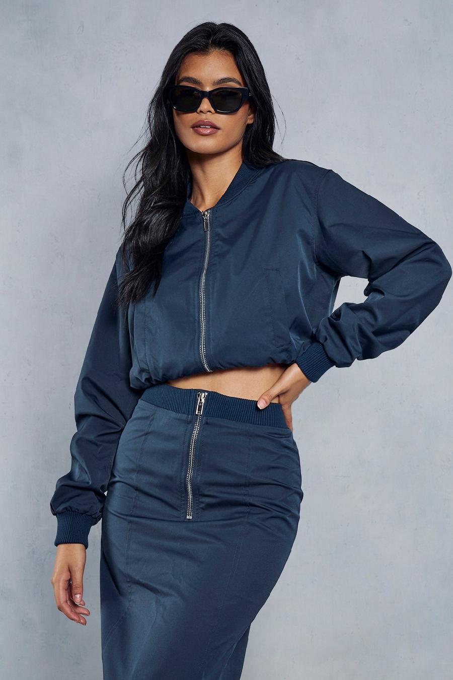 Navy Oversized Woven Cropped Bomber image number 1