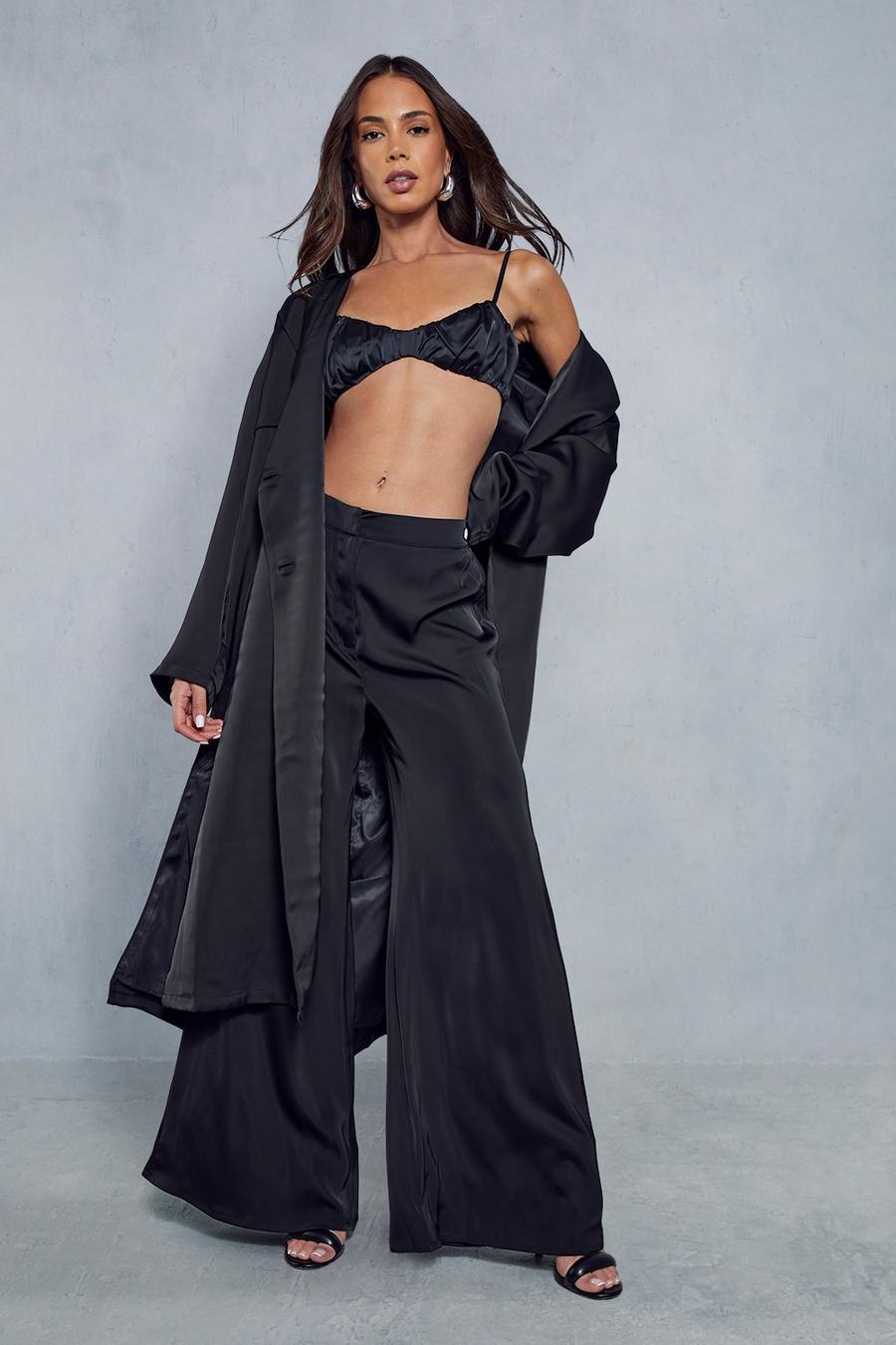 Black High Waisted Satin Wide Leg Trousers  image number 1