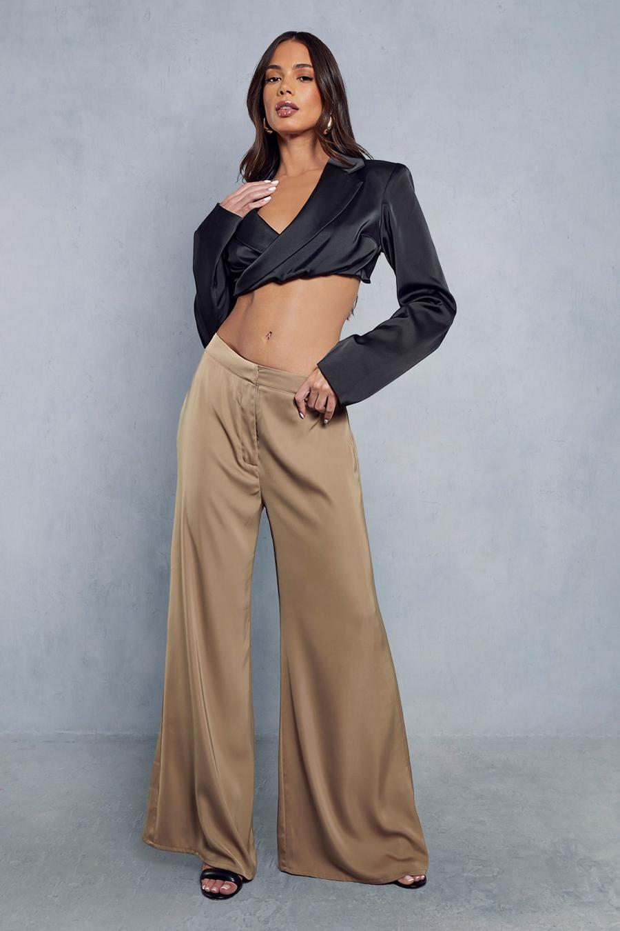 Mocha High Waisted Satin Wide Leg Trousers  image number 1
